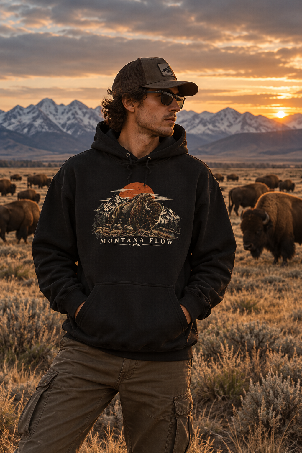 Bison Sunset Mountain Hoodie | Western Landscape Graphic | Montana Flow