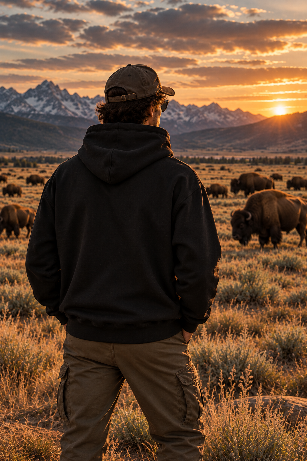 Bison Sunset Mountain Hoodie | Western Landscape Graphic | Montana Flow