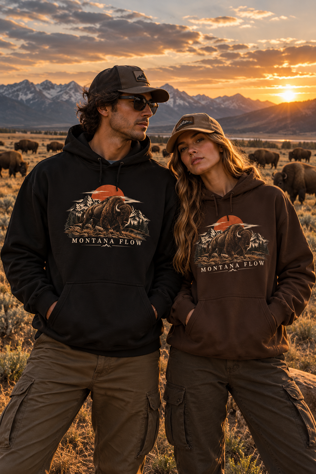 Bison Sunset Mountain Hoodie | Western Landscape Graphic | Montana Flow