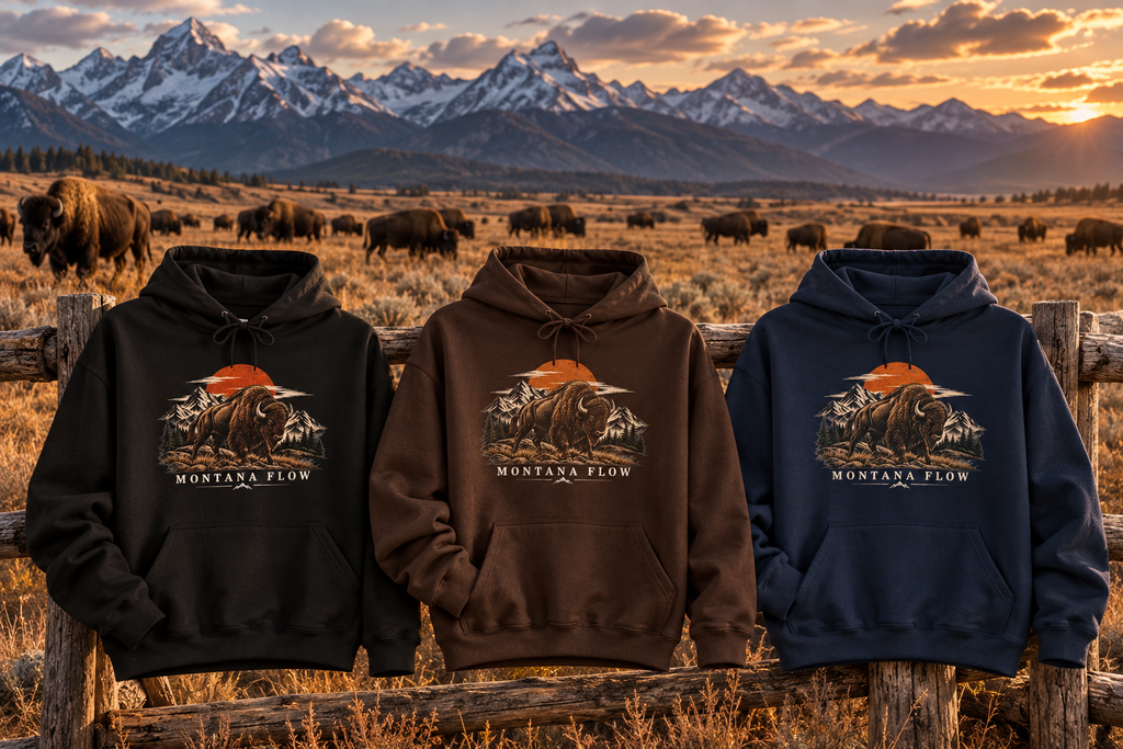 Bison Sunset Mountain Hoodie | Western Landscape Graphic | Montana Flow