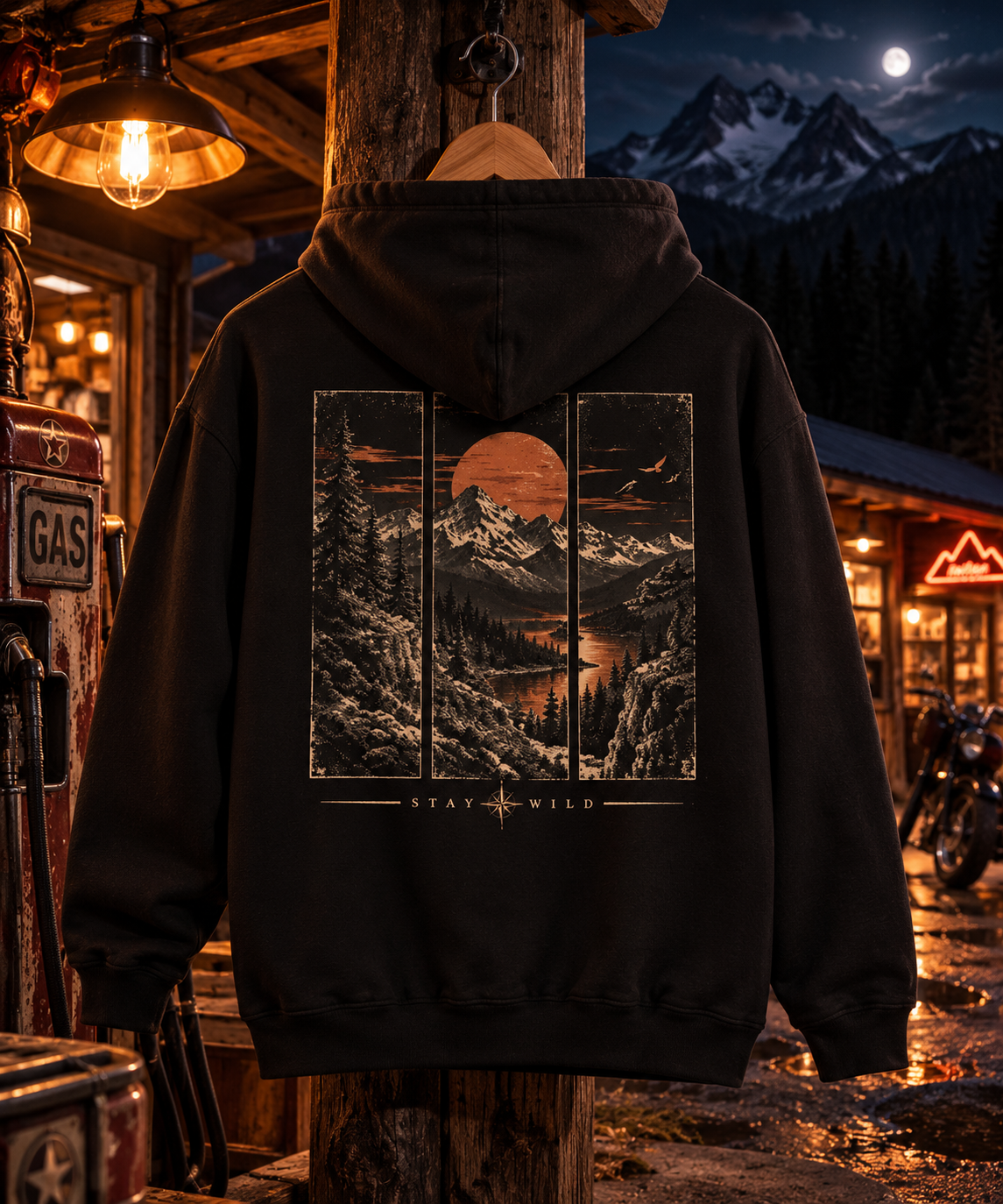 Vintage Mountain Sunset Hoodie | Scenic Forest & Lake Back Print | Stay Wild