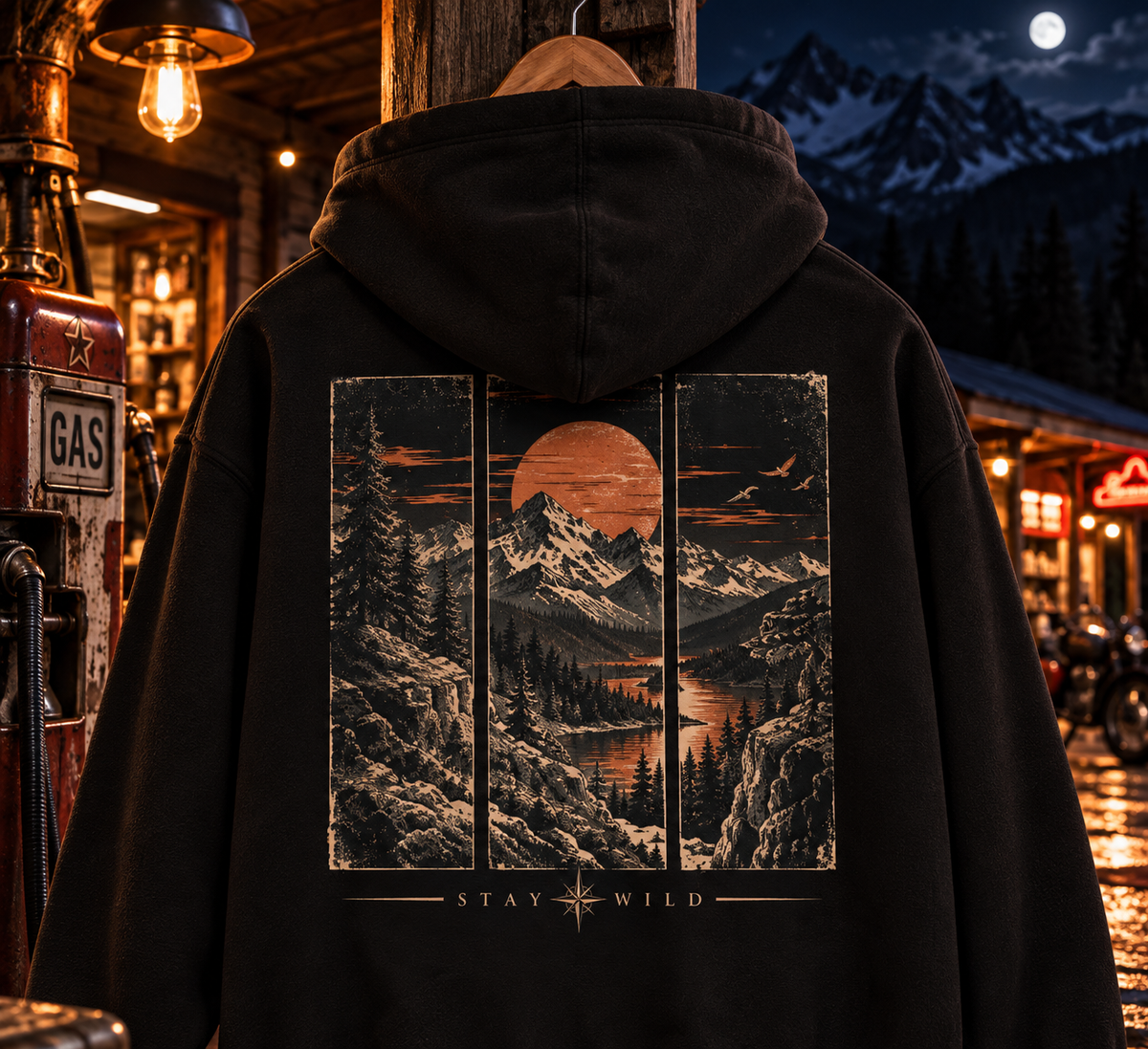 Vintage Mountain Sunset Hoodie | Scenic Forest & Lake Back Print | Stay Wild
