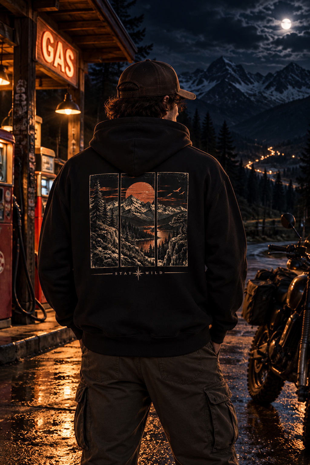 Vintage Mountain Sunset Hoodie | Scenic Forest & Lake Back Print | Stay Wild