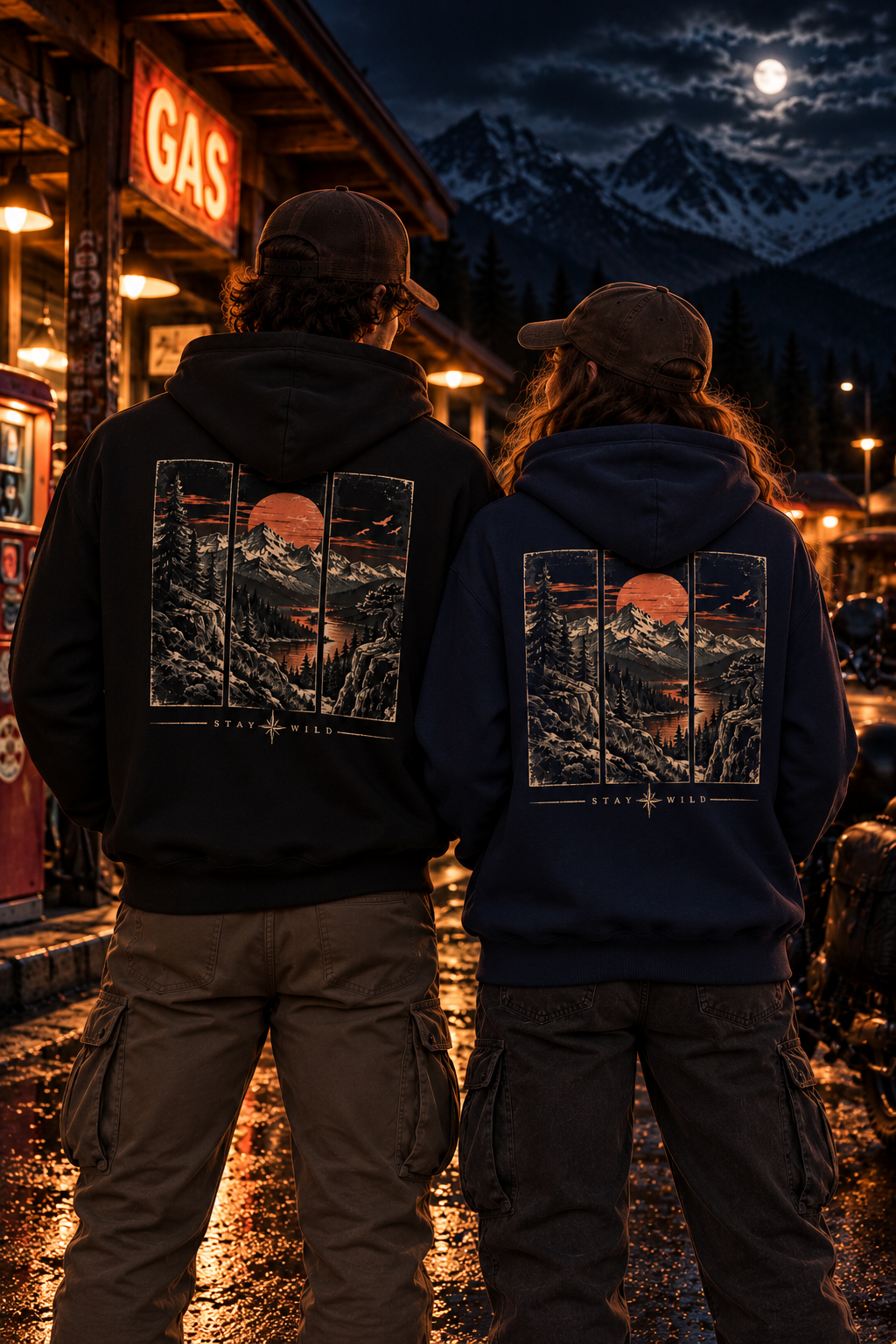Vintage Mountain Sunset Hoodie | Scenic Forest & Lake Back Print | Stay Wild
