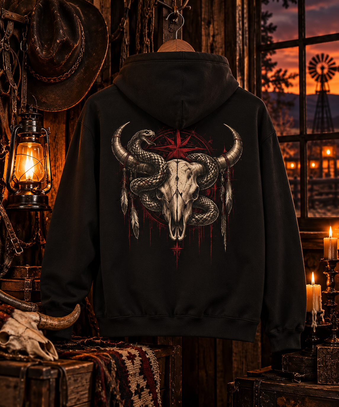 Snake Wrapped Bull Skull Fleece Hoodie | Dark Western Gothic Back Print | Montana Flow