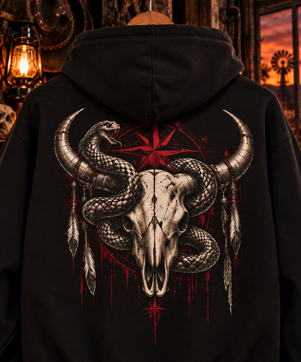 Snake Wrapped Bull Skull Fleece Hoodie | Dark Western Gothic Back Print | Montana Flow