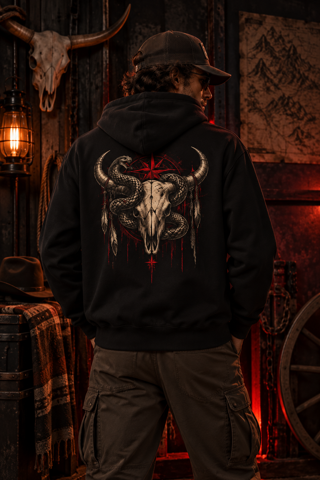 Snake Wrapped Bull Skull Fleece Hoodie | Dark Western Gothic Back Print | Montana Flow