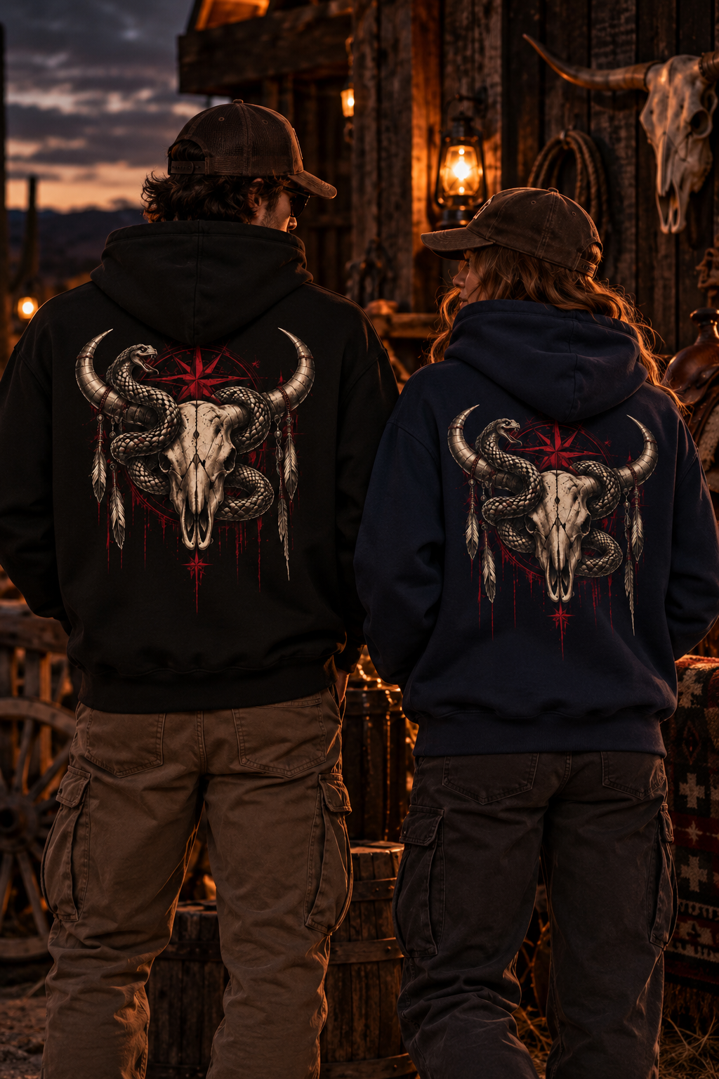 Snake Wrapped Bull Skull Fleece Hoodie | Dark Western Gothic Back Print | Montana Flow