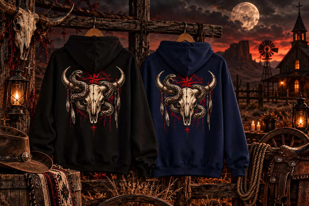 Snake Wrapped Bull Skull Fleece Hoodie | Dark Western Gothic Back Print | Montana Flow