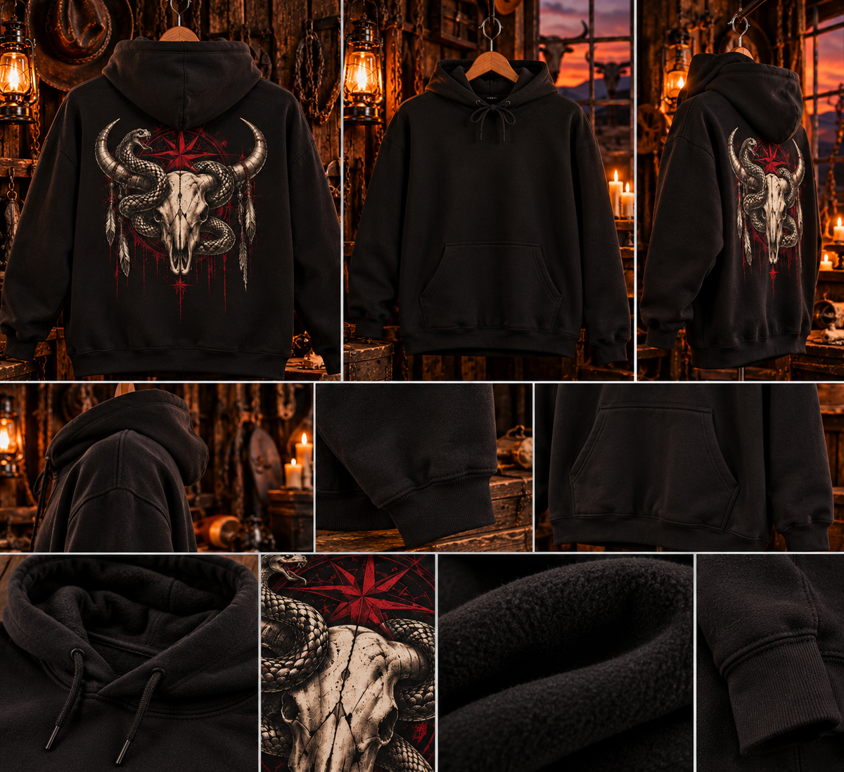 Snake Wrapped Bull Skull Fleece Hoodie | Dark Western Gothic Back Print | Montana Flow