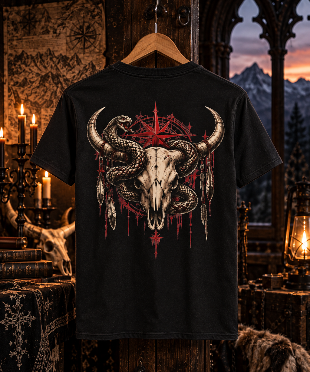 Bull Skull with Snakes Tee | Dark Western Occult Pentagram Graphic | Montana Flow