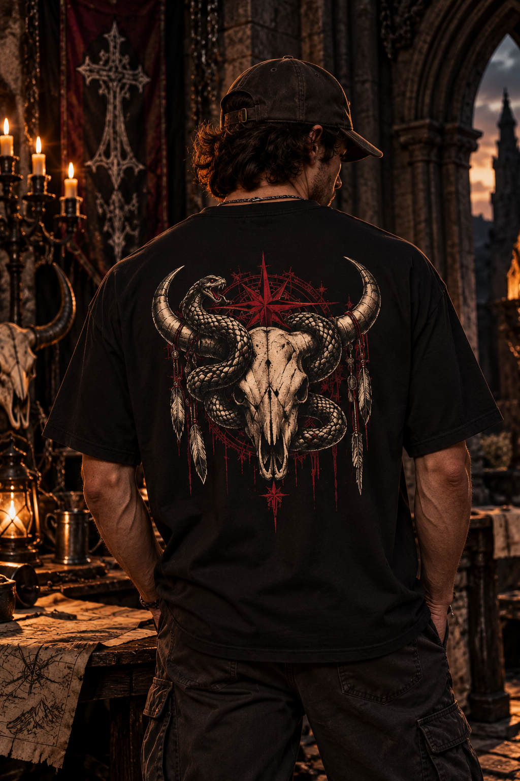 Bull Skull with Snakes Tee | Dark Western Occult Pentagram Graphic | Montana Flow