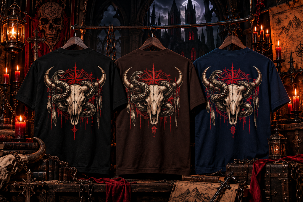 Bull Skull with Snakes Tee | Dark Western Occult Pentagram Graphic | Montana Flow