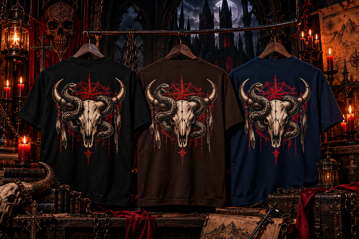 Bull Skull with Snakes Tee | Dark Western Occult Pentagram Graphic | Montana Flow