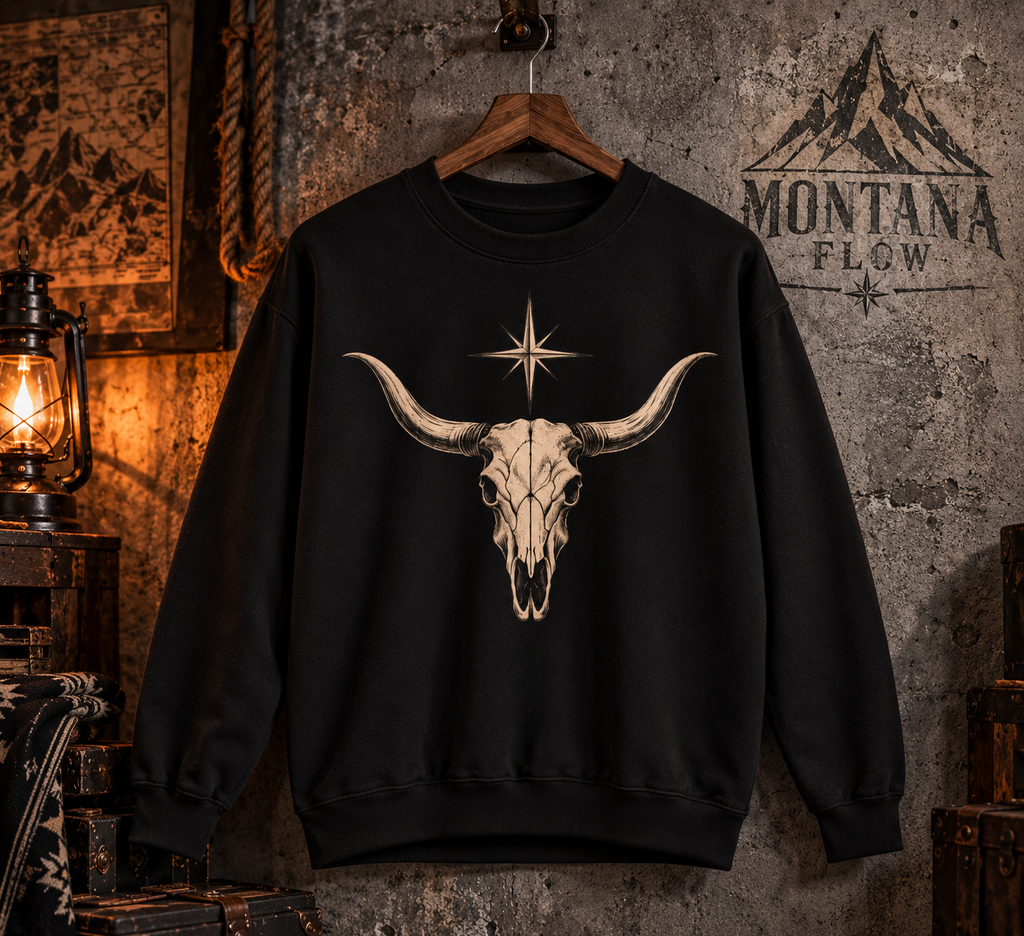 Longhorn Skull Crewneck Sweatshirt Fleece | Western Star Graphic | Montana Flow