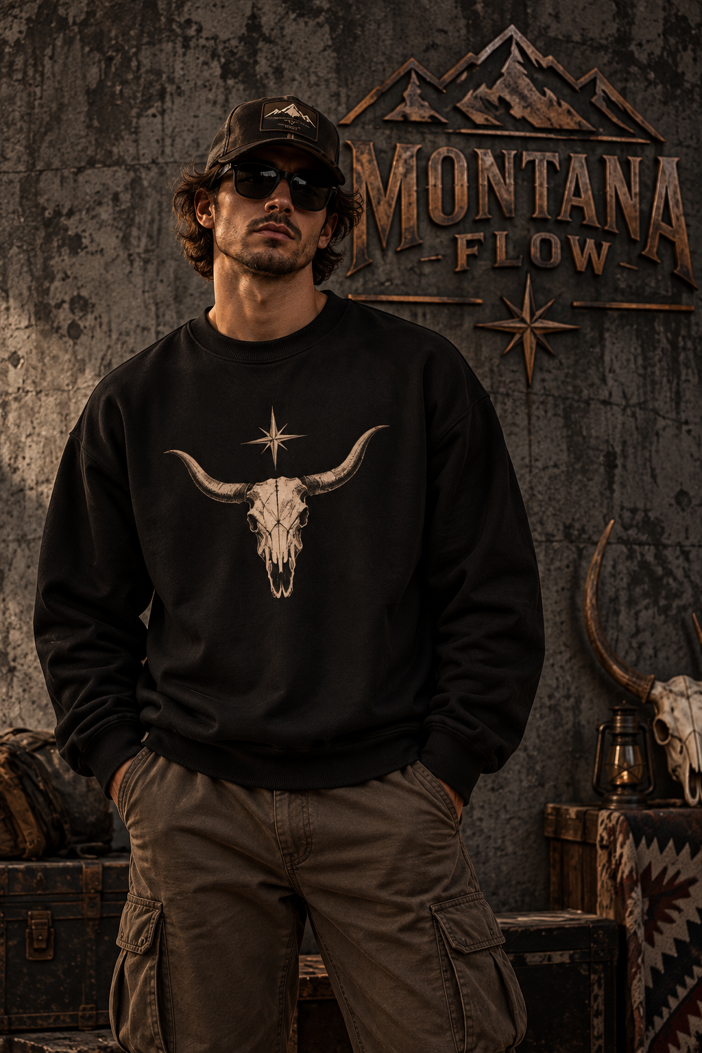 Longhorn Skull Crewneck Sweatshirt Fleece | Western Star Graphic | Montana Flow
