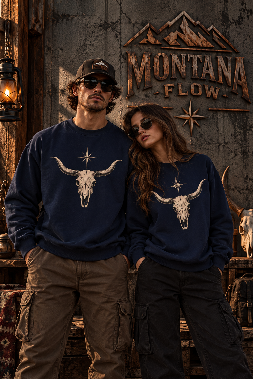 Longhorn Skull Crewneck Sweatshirt Fleece | Western Star Graphic | Montana Flow