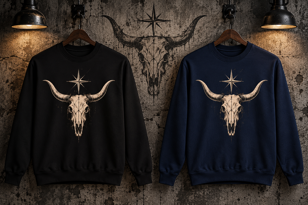 Longhorn Skull Crewneck Sweatshirt Fleece | Western Star Graphic | Montana Flow