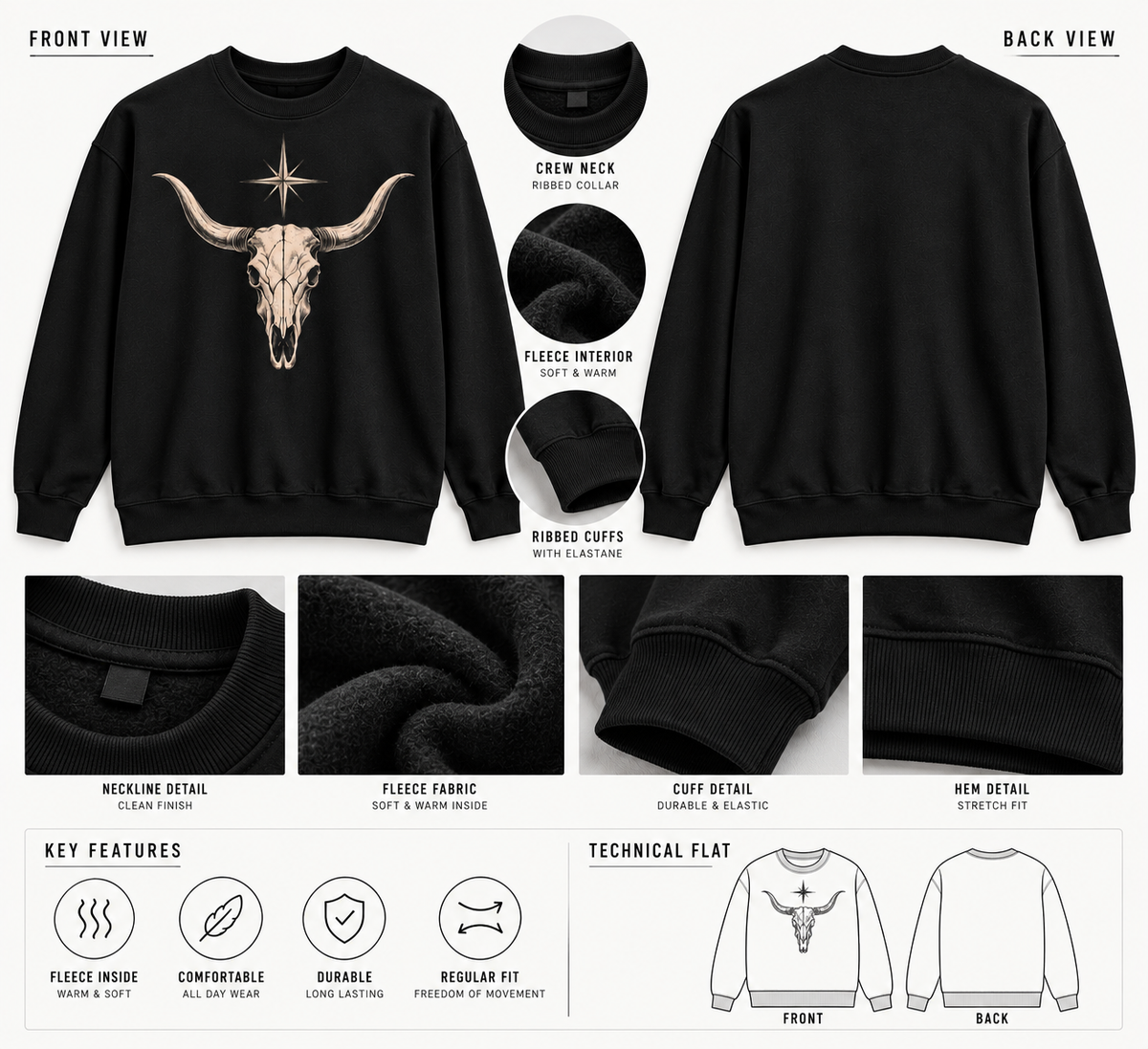 Longhorn Skull Crewneck Sweatshirt Fleece | Western Star Graphic | Montana Flow