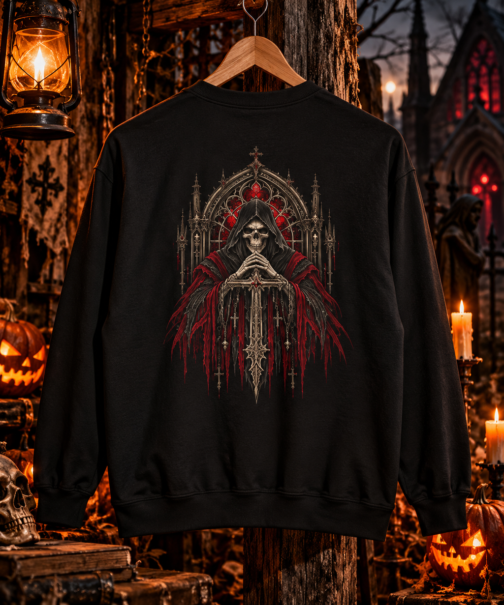 Gothic Halloween Grim Reaper Crewneck | Dark Cathedral Skull Graphic | Montana Flow
