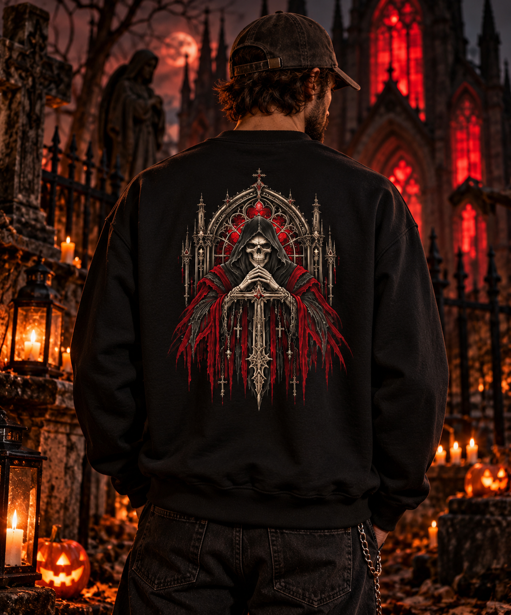 Gothic Halloween Grim Reaper Crewneck | Dark Cathedral Skull Graphic | Montana Flow