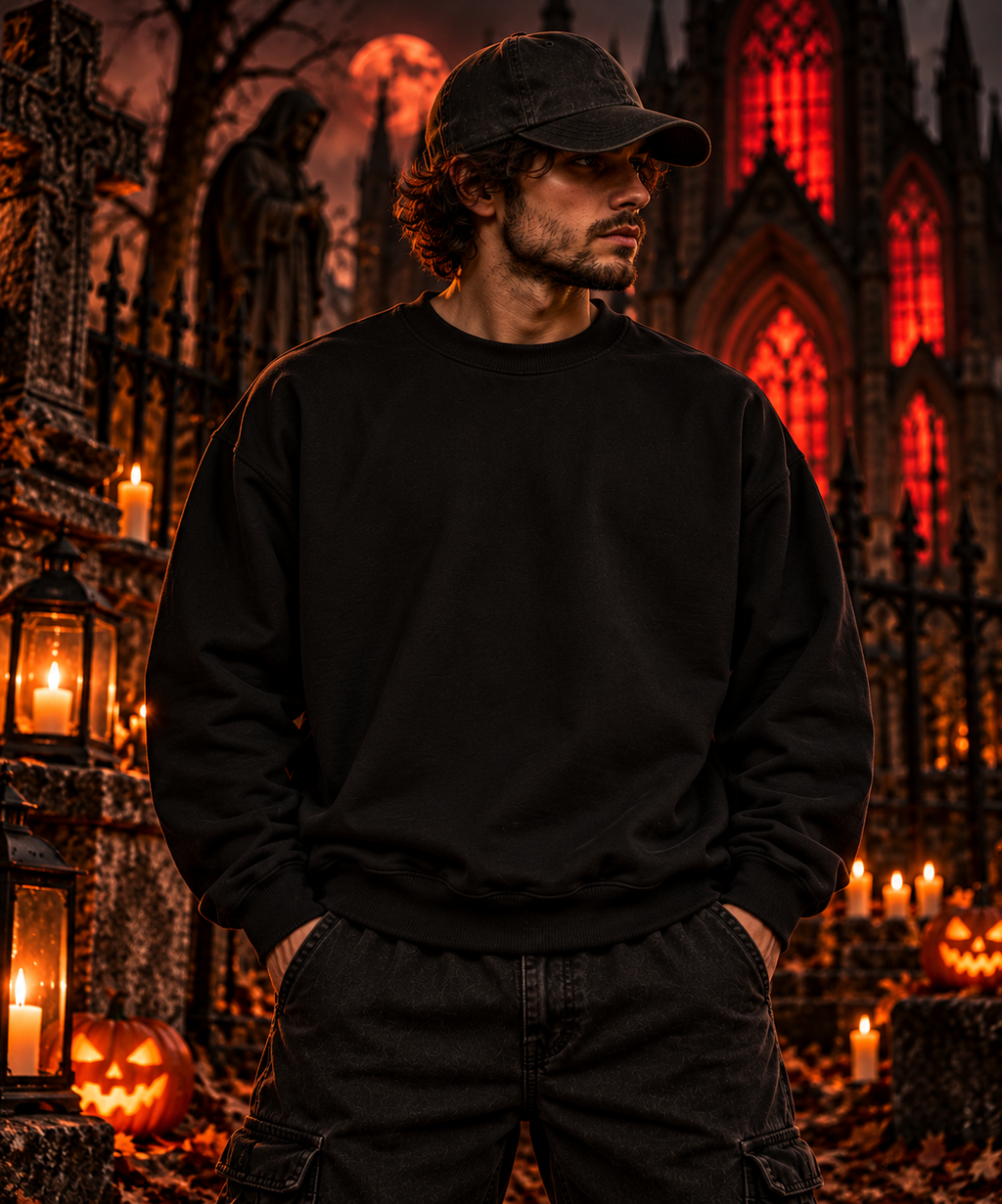Gothic Halloween Grim Reaper Crewneck | Dark Cathedral Skull Graphic | Montana Flow
