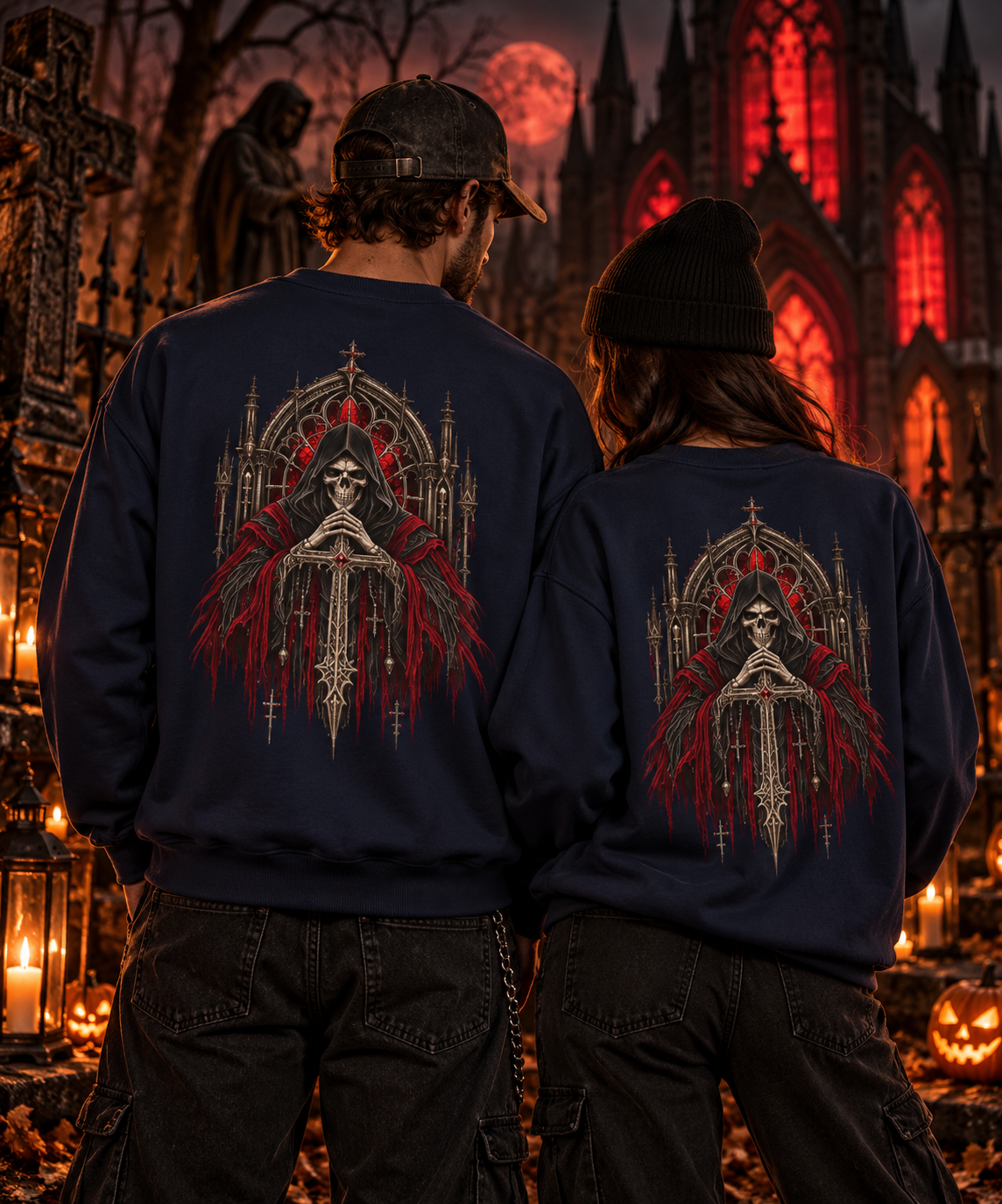 Gothic Halloween Grim Reaper Crewneck | Dark Cathedral Skull Graphic | Montana Flow