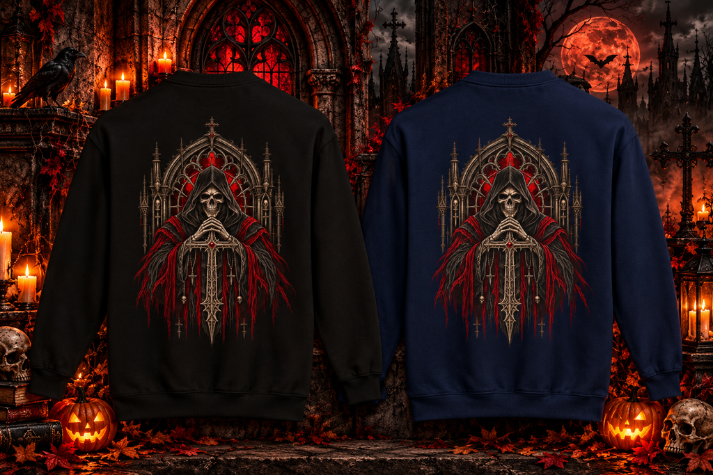Gothic Halloween Grim Reaper Crewneck | Dark Cathedral Skull Graphic | Montana Flow