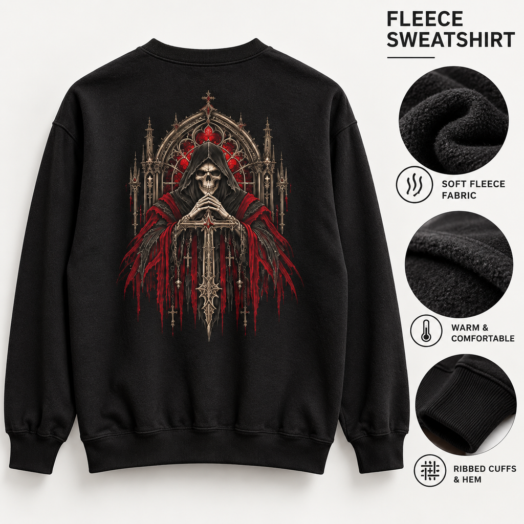 Gothic Halloween Grim Reaper Crewneck | Dark Cathedral Skull Graphic | Montana Flow