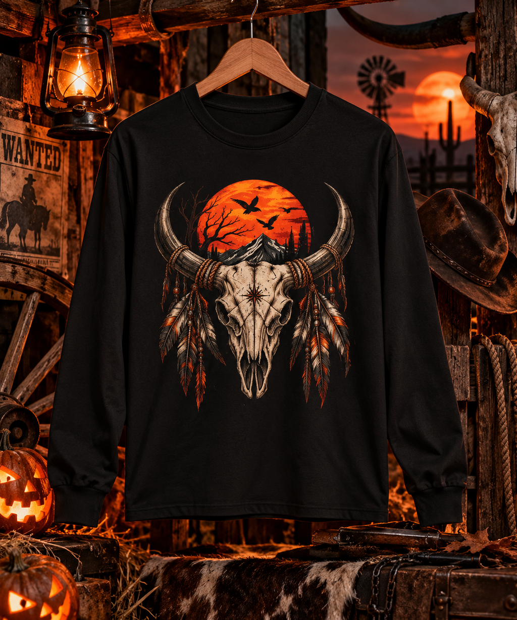 Western Halloween Long Sleeve | Bull Skull & Moon Graphic | Montana Flow