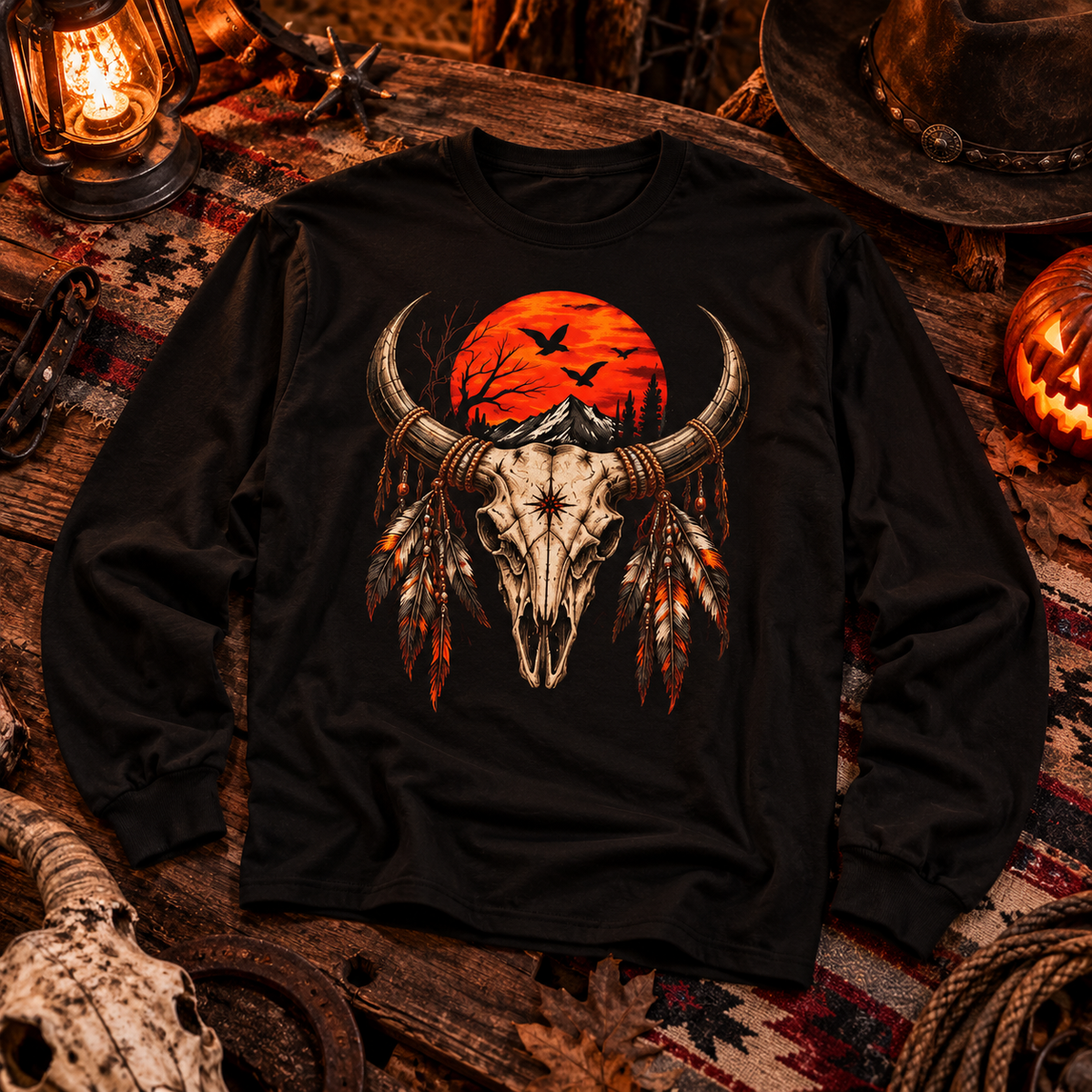 Western Halloween Long Sleeve | Bull Skull & Moon Graphic | Montana Flow