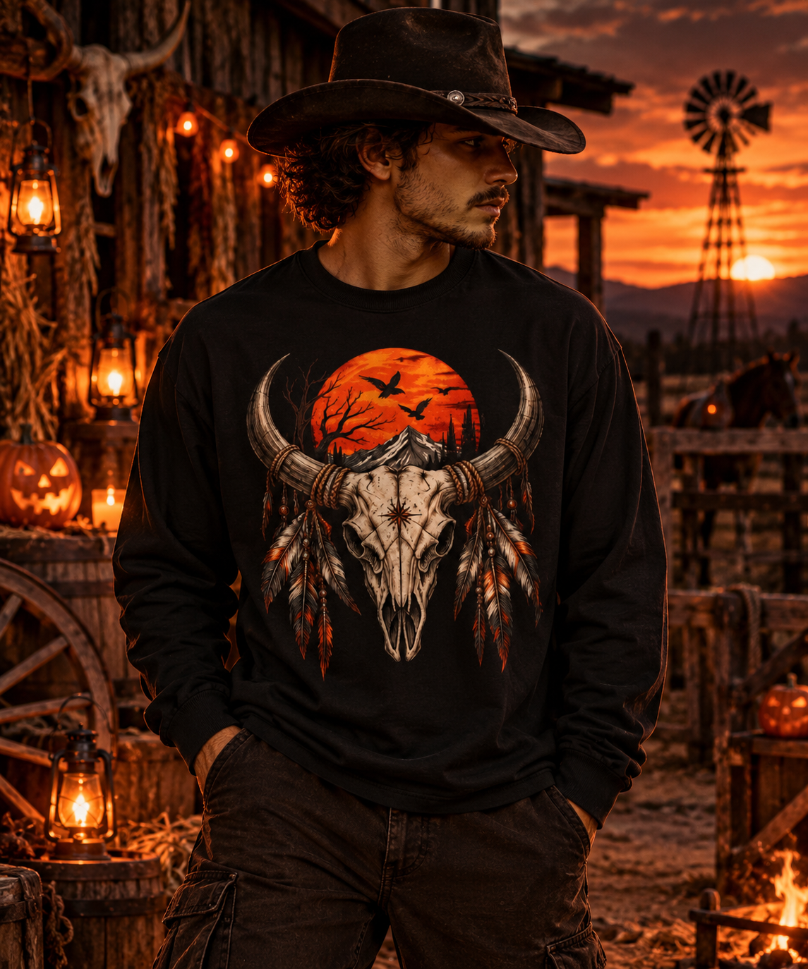 Western Halloween Long Sleeve | Bull Skull & Moon Graphic | Montana Flow