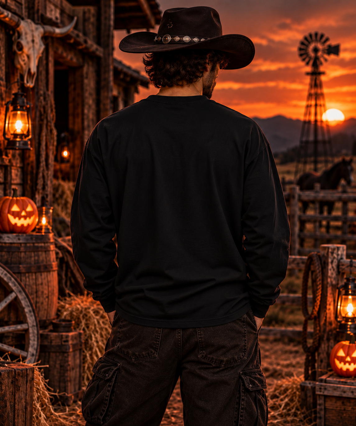 Western Halloween Long Sleeve | Bull Skull & Moon Graphic | Montana Flow