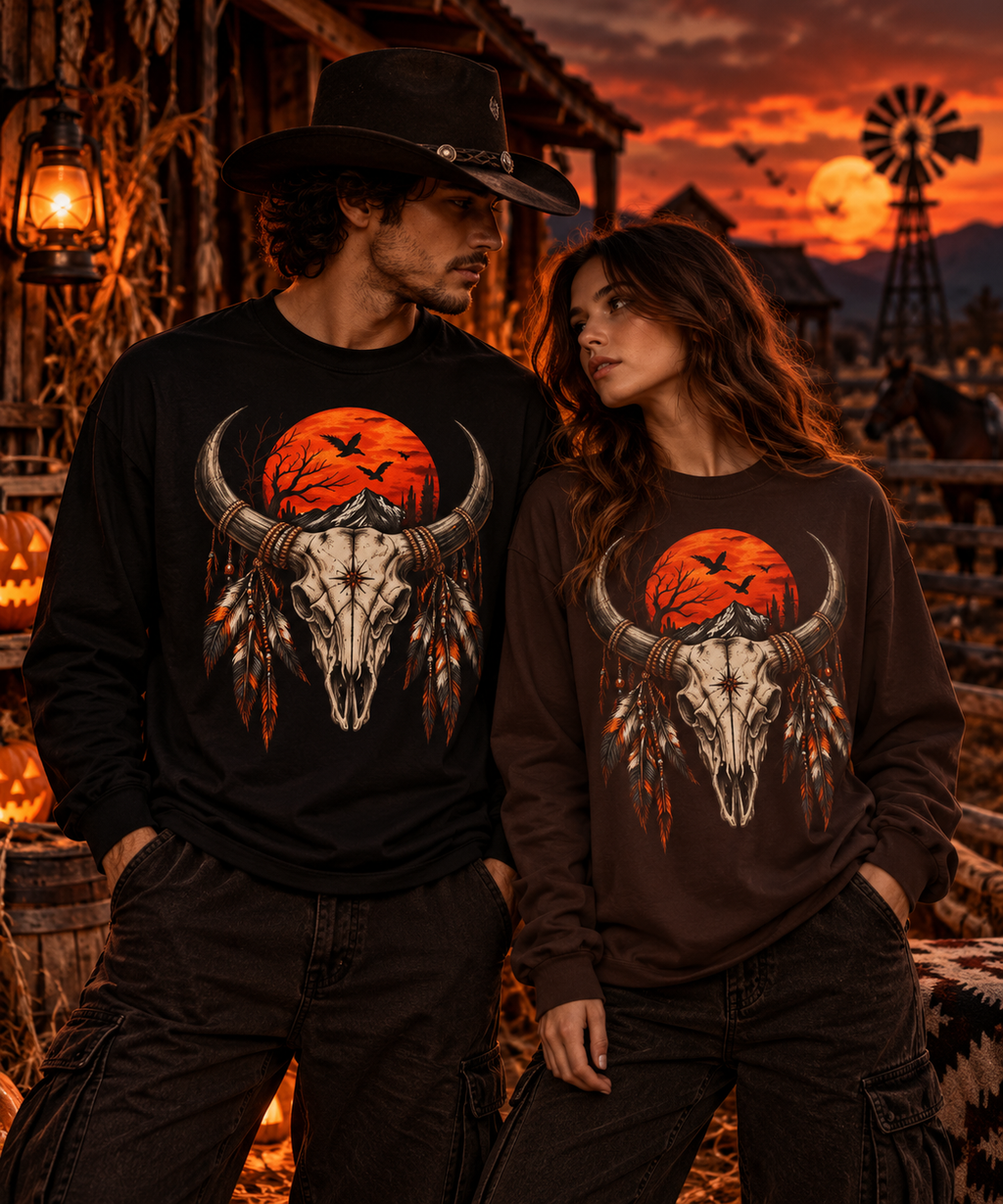 Western Halloween Long Sleeve | Bull Skull & Moon Graphic | Montana Flow