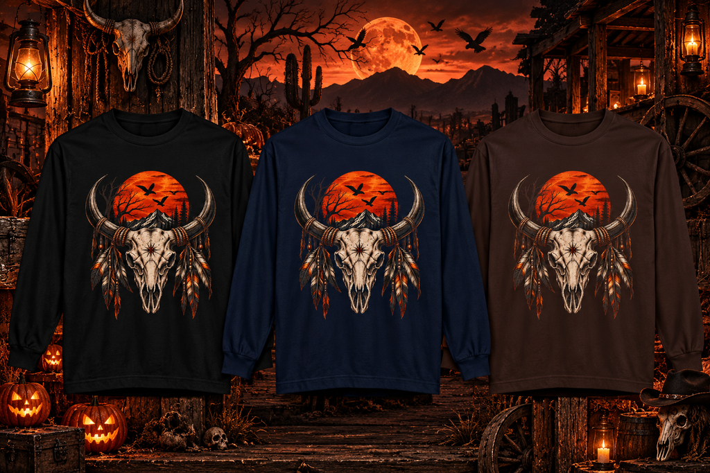 Western Halloween Long Sleeve | Bull Skull & Moon Graphic | Montana Flow