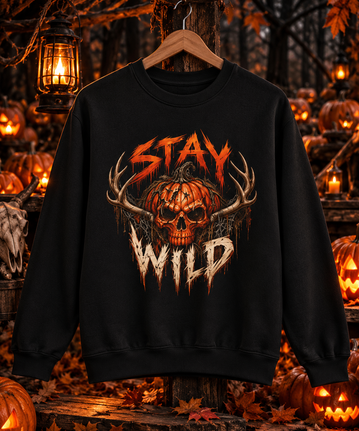 Pumpkin Skull Antler Fleece Crewneck | Stay Wild Halloween Sweatshirt | Montana Flow