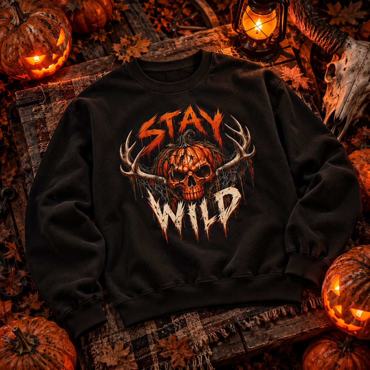Pumpkin Skull Antler Fleece Crewneck | Stay Wild Halloween Sweatshirt | Montana Flow