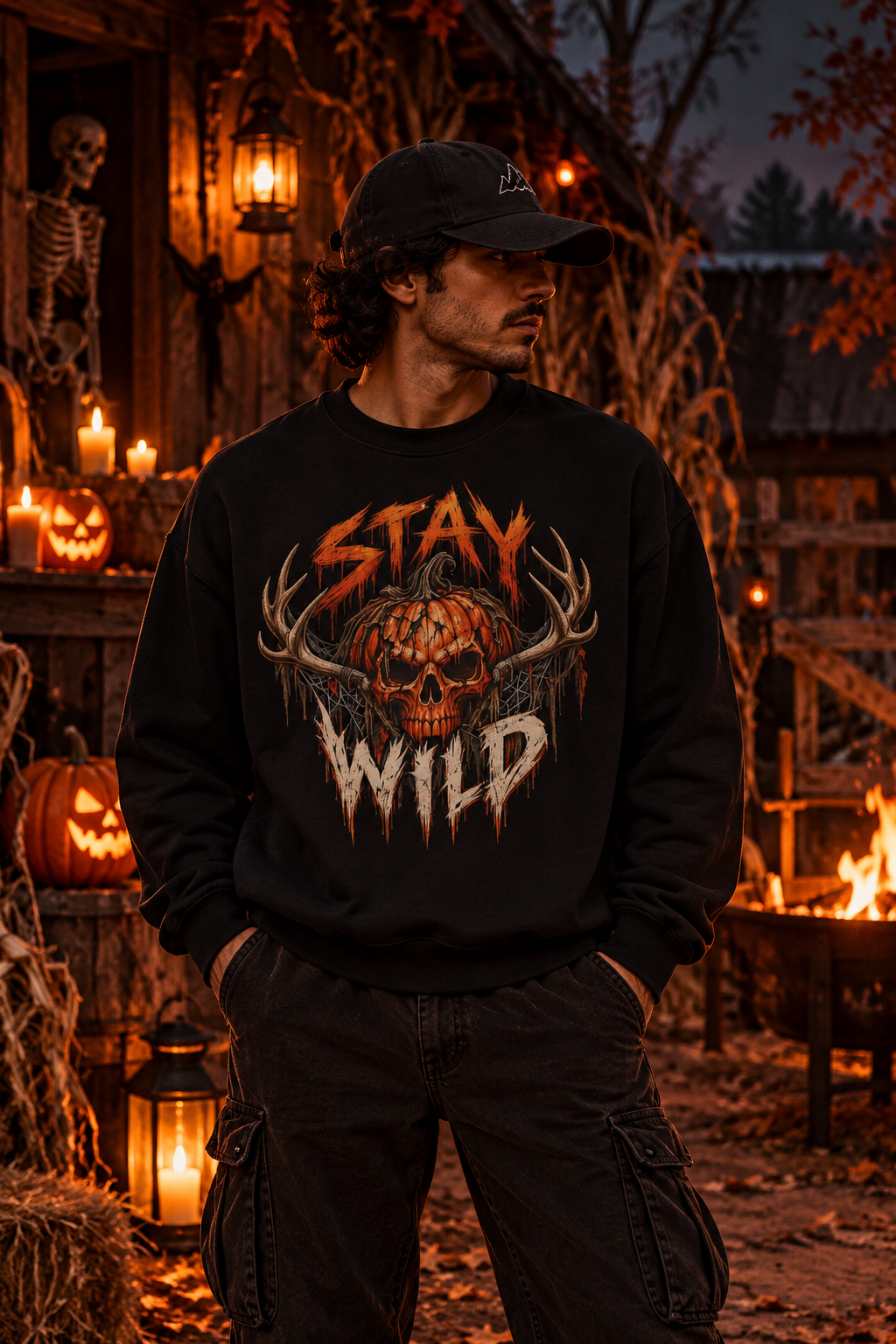 Pumpkin Skull Antler Fleece Crewneck | Stay Wild Halloween Sweatshirt | Montana Flow