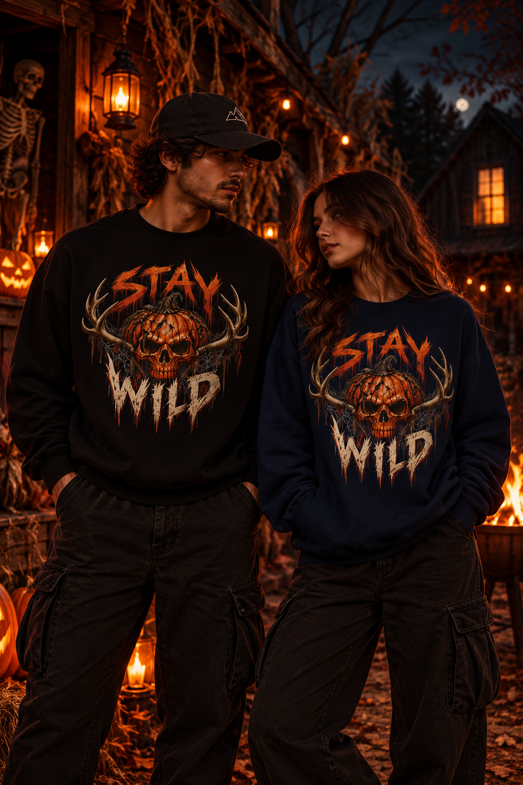 Pumpkin Skull Antler Fleece Crewneck | Stay Wild Halloween Sweatshirt | Montana Flow