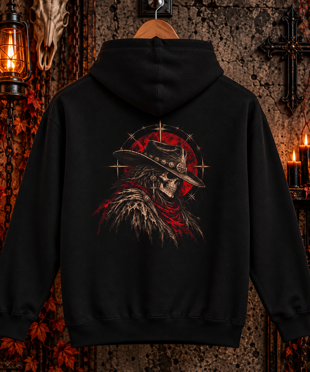 Western Outlaw Skull Fleece Hoodie | Gothic Cowboy Back Print | Montana Flow