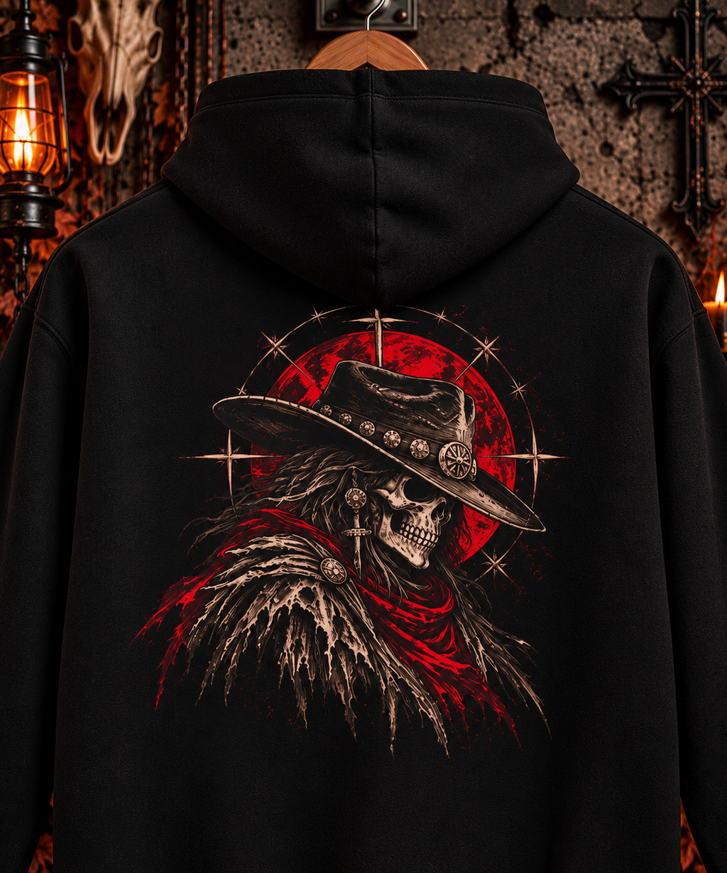Western Outlaw Skull Fleece Hoodie | Gothic Cowboy Back Print | Montana Flow
