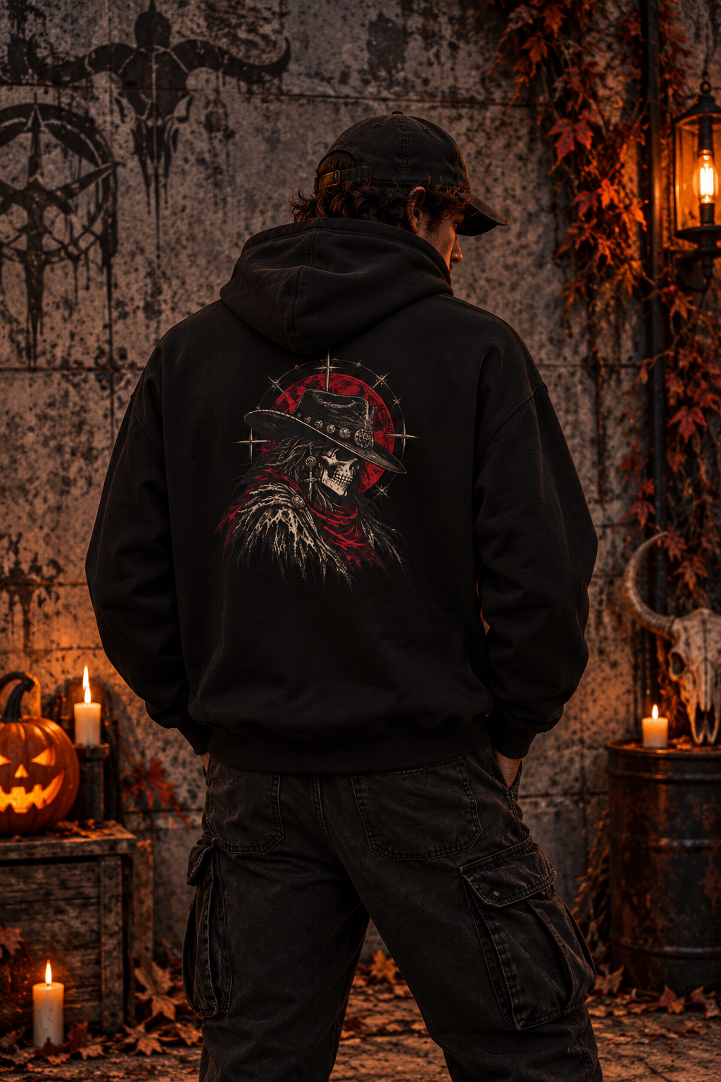 Western Outlaw Skull Fleece Hoodie | Gothic Cowboy Back Print | Montana Flow