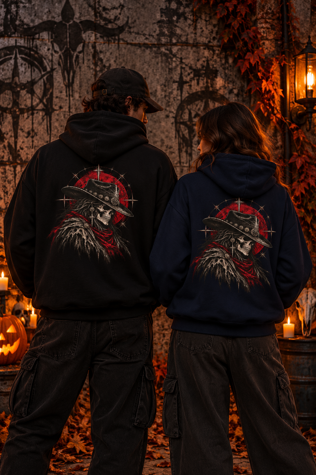 Western Outlaw Skull Fleece Hoodie | Gothic Cowboy Back Print | Montana Flow