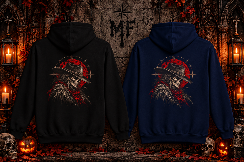 Western Outlaw Skull Fleece Hoodie | Gothic Cowboy Back Print | Montana Flow