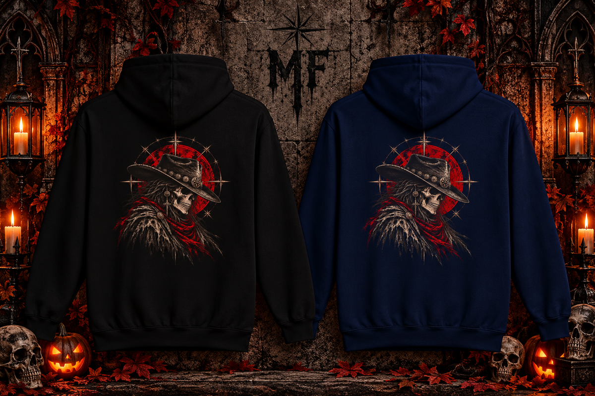 Western Outlaw Skull Fleece Hoodie | Gothic Cowboy Back Print | Montana Flow