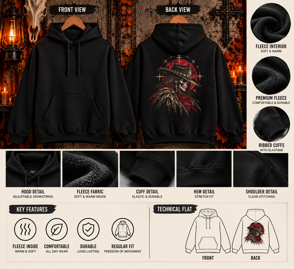 Western Outlaw Skull Fleece Hoodie | Gothic Cowboy Back Print | Montana Flow