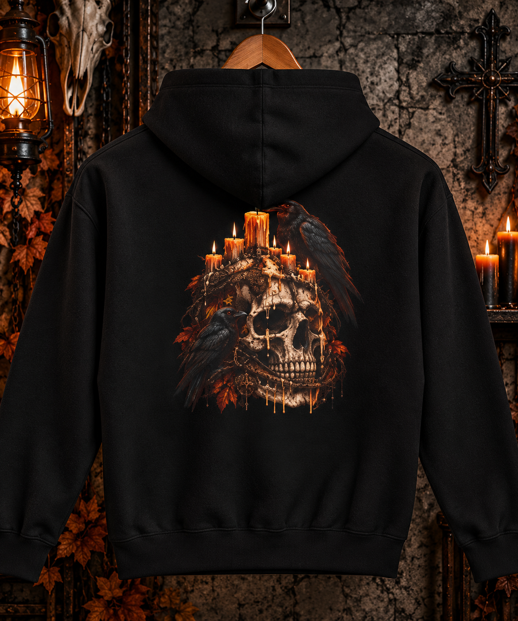 Candlelit Skull Fleece Hoodie | Gothic Raven Halloween Back Print | Montana Flow