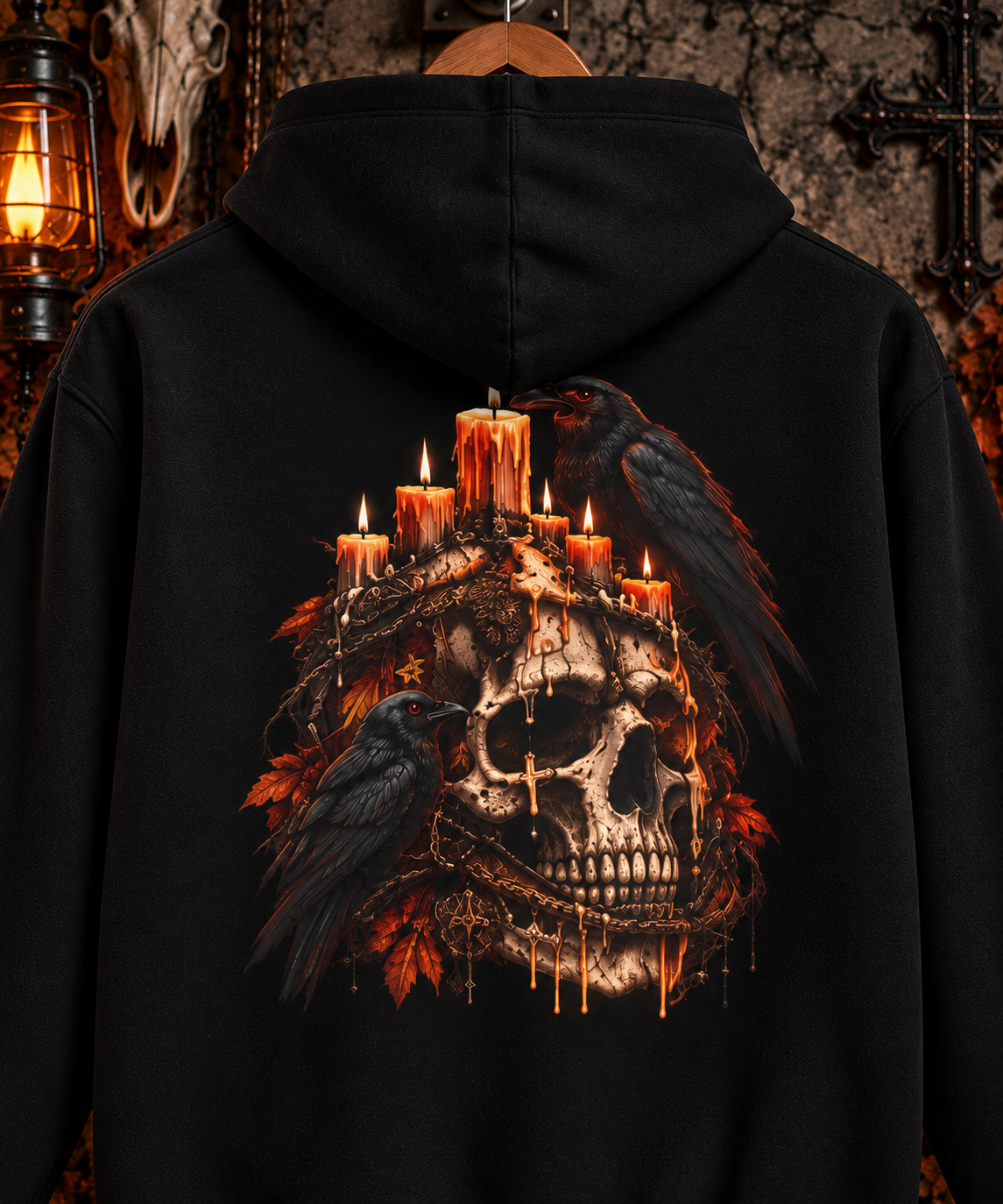 Candlelit Skull Fleece Hoodie | Gothic Raven Halloween Back Print | Montana Flow