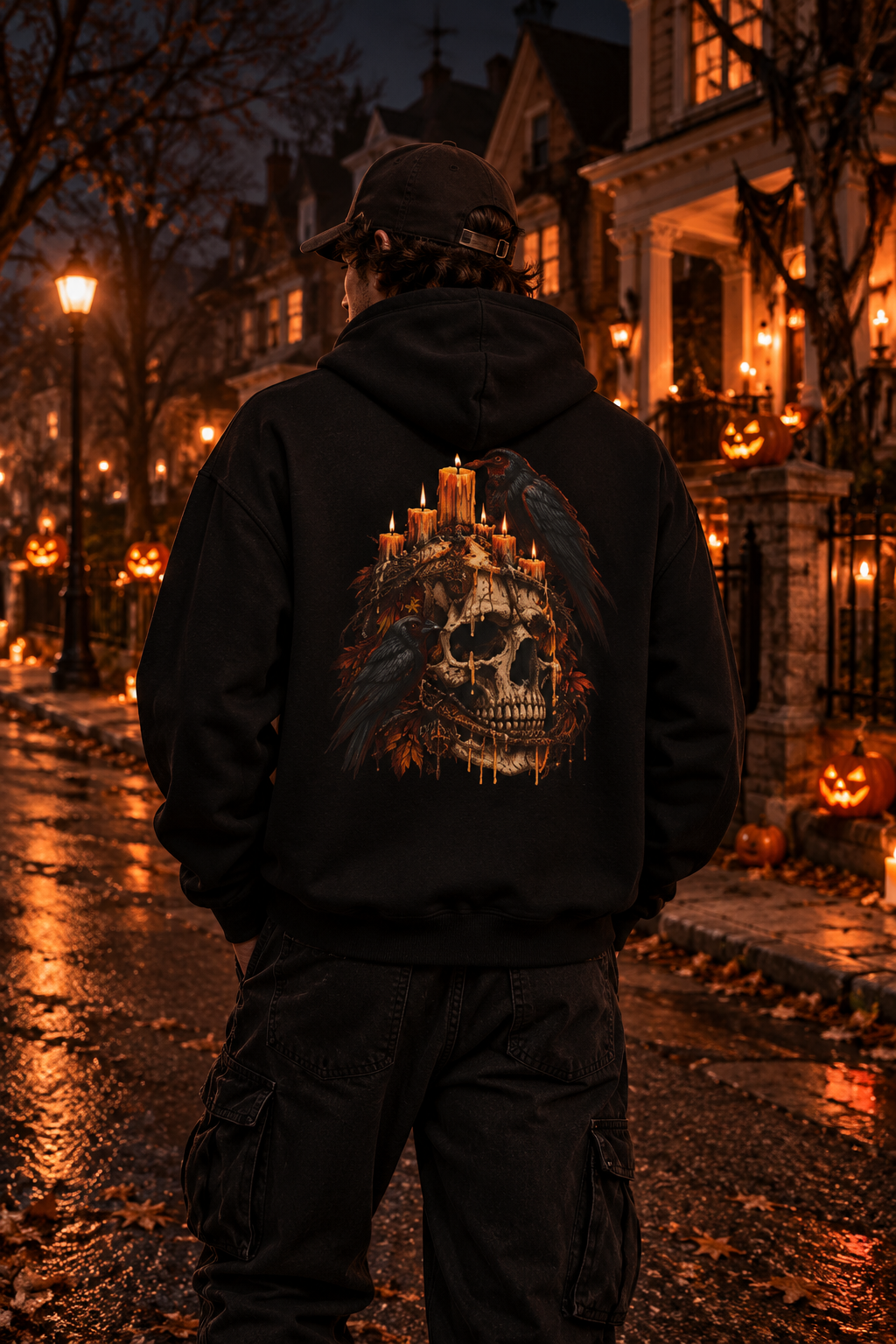 Candlelit Skull Fleece Hoodie | Gothic Raven Halloween Back Print | Montana Flow