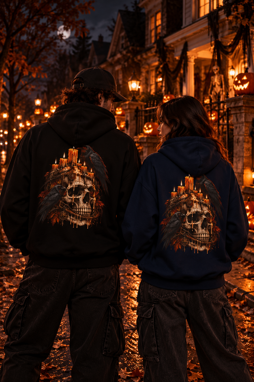 Candlelit Skull Fleece Hoodie | Gothic Raven Halloween Back Print | Montana Flow